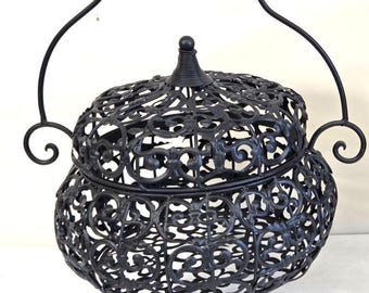 Vintage Wrought Iron Decorative Basket w/ Ornate Scrollwork  13"x 8.5" W x 15" T