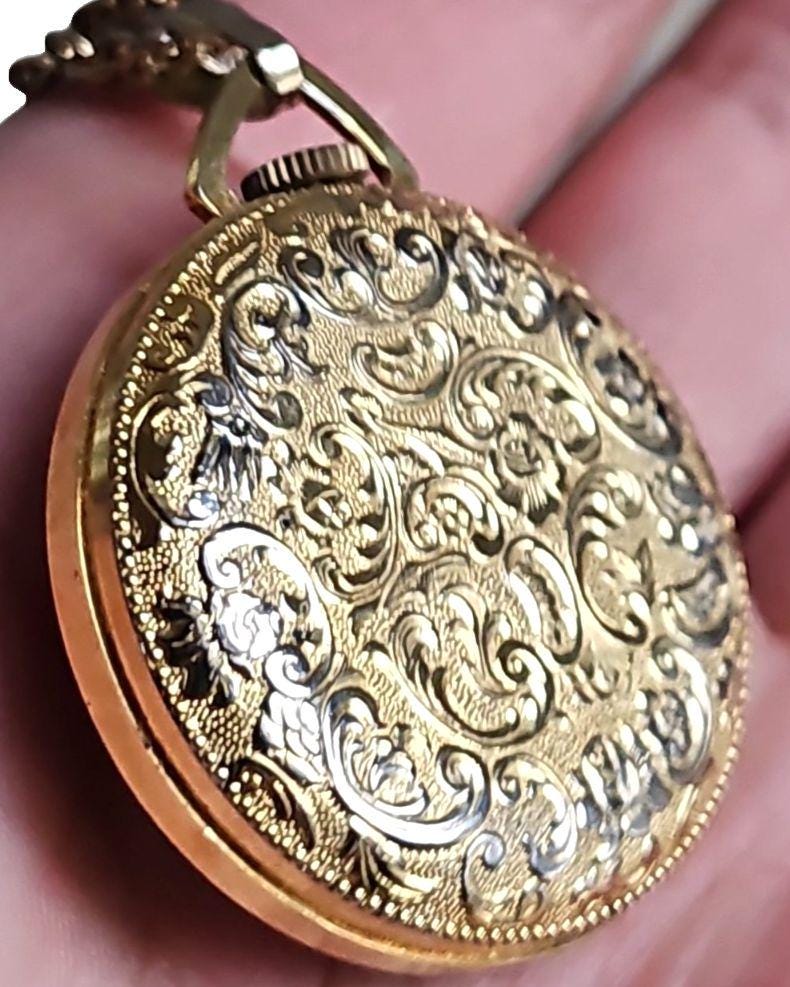 VTG Mechanical Necklace Pendant Watch Floral and Geometric Details MCM 50s-70s VTG Mechanical Necklace Pendant Watch Floral and Geometric  main image 3