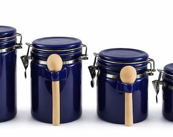 VTG Gibson Rounded Cobalt Blue Kanister Set mit Original Holzschaufeln! EUC/Mint