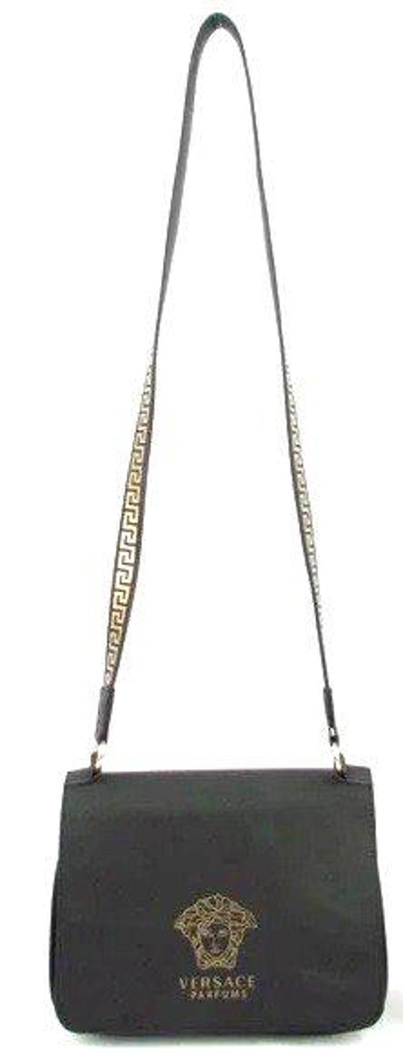 Versace Parfums Black Matte & Gold Greek Key Strap Crossbody Flap Bag Club Night image 1