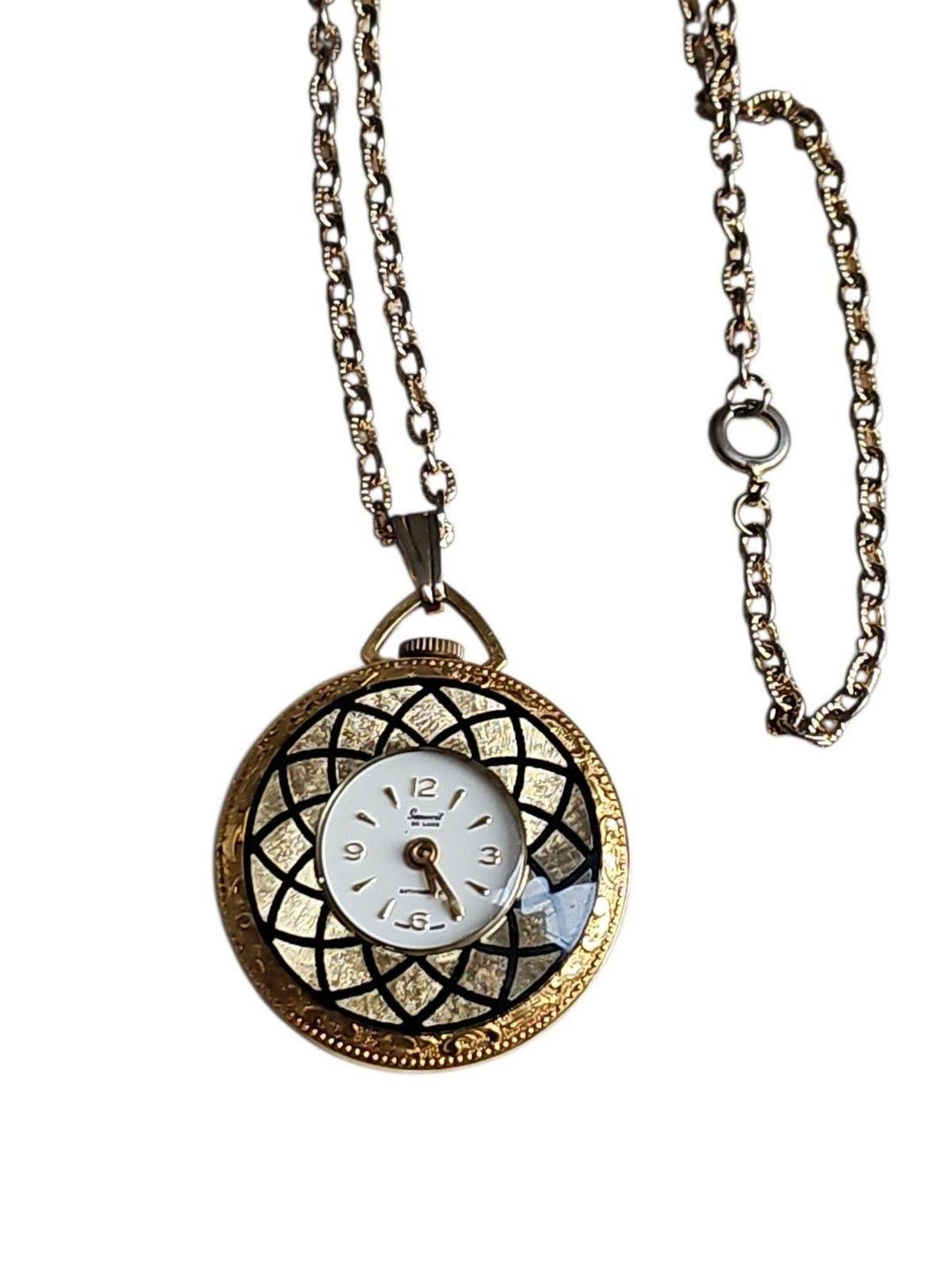 VTG Mechanical Necklace Pendant Watch Floral and Geometric 
