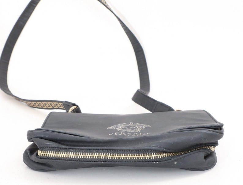 Versace Parfums Black Matte & Gold Greek Key Strap Crossbody Flap Bag Club Night image 4