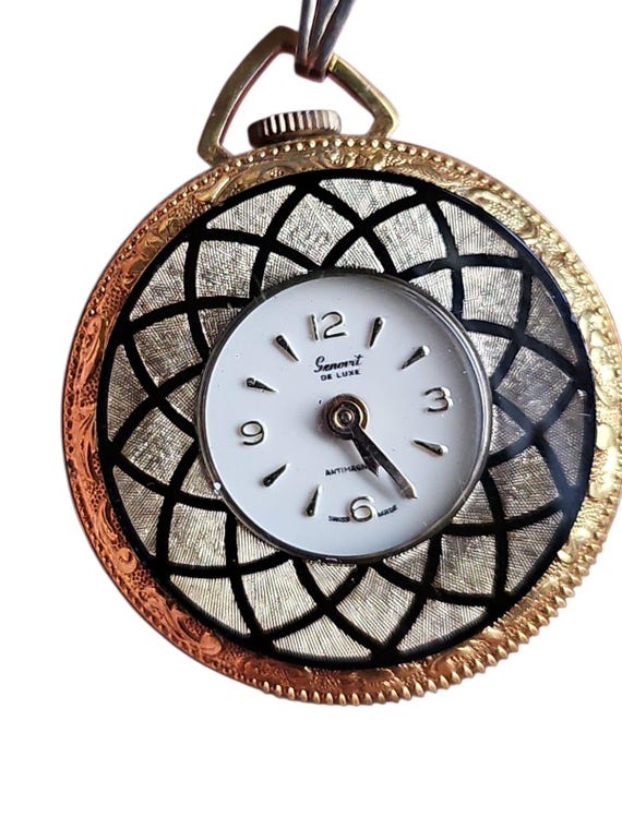 VTG Mechanical Necklace Pendant Watch Floral and Geometric Details MCM 50s-70s VTG Mechanical Necklace Pendant Watch Floral and Geometric  main image 2
