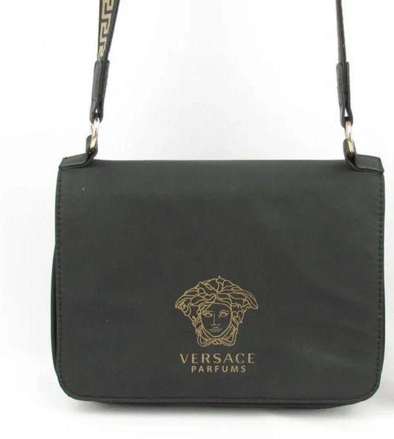 Versace Parfums Black Matte & Gold Greek Key Strap Crossbody Flap Bag Club Night image 2