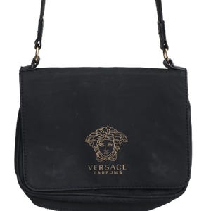 Versace Parfums Black Matte & Gold Greek Key Strap Crossbody Flap Bag Club Night image 8