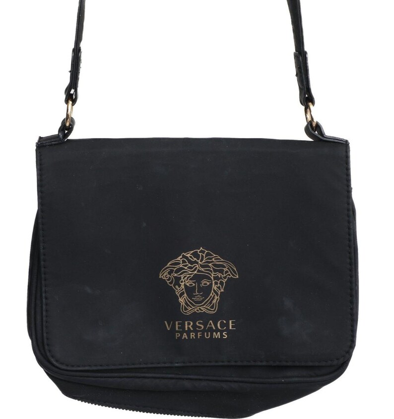 Versace Parfums Black Matte & Gold Greek Key Strap Crossbody Flap Bag Club Night image 8