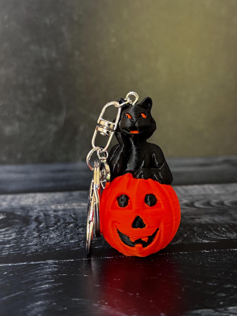Vintage-Inspired Black Cat on Jack-O’-Lantern Keychain image 1
