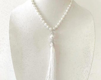 Collar con borla de perlas de cristal blanco: elegante para cubrir cicatrices, longitud ajustable.