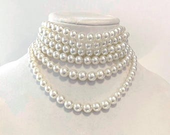 Collar de perlas de múltiples hilos para cubrir cicatrices en el cuello, cierre ajustable, perlas de cristal blanco vibrante.