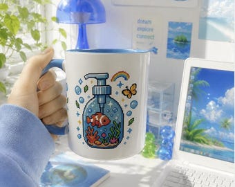 Frutiger Aero Decor, Frutiger Mug, Pixel Art Fish in Soap Dispenser Mug | Accent Coffee Mug, 2YK, 2000s, Abstract Tech, Frutiger Eco
