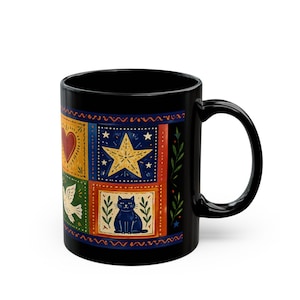 Taza de patchwork de arte popular retro de los 90 de Global Village Coffeehouse Celestialgoth, caprichosa, mágica / Luna Corazón Estrella Paloma Gato 11 oz 15 oz