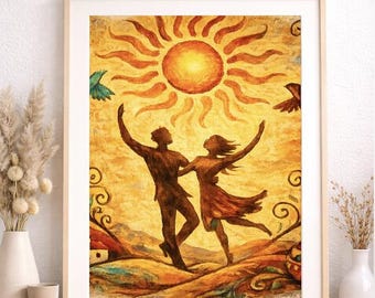 Global Village Coffeehouse Sun Dance Couple Matte Vertical Poster | Boho Sunflower Art Print
