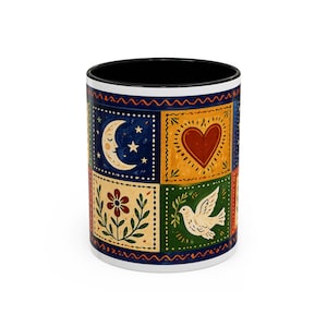 Global Village Coffeehouse retro 90s vintage Folk Patchwork Moon Heart Star Dove Cat Mug celestial goth