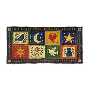 Global Village Coffeehouse 90s, celestial goth, cottagecore Folk Tile Icons Beach Towel | Sun Moon Heart Star Dove Cat