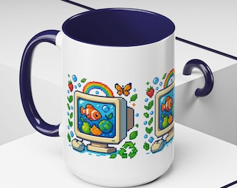 Frutiger Aero Decor, Kubek z grafiką pikselową, Retro komputer, Akwarium, Ziemia, Pixel Eco, Estetyczny kubek, Dekoracja biurka dla gracza, Kawaii Pixel Coffee Cup