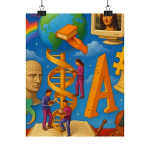 May include: A poster featuring a vibrant illustration with educational themes. It includes a globe, a DNA helix, a ruler, and figures reading books. The background is a blue sky with a rainbow and stars. A computer monitor displays the Mona Lisa.