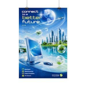 Può includere: Un poster dai toni blu con un monitor, un mouse, uno skyline cittadino, un globo e bolle fluttuanti con scene naturali. Il testo include "connect to a better future", "Discover. Communicate. Create. Anywhere" e "High Speed."