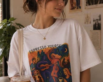 Global Village Coffeehouse-esthetiek. Esthetisch T-shirt vintage koffiehuis, retro café-T-shirt, boho, hipster barista-shirt, cadeau koffieliefhebber