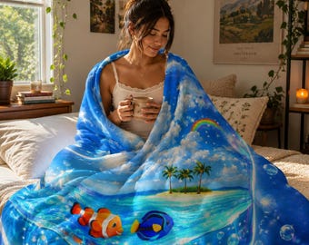 Koc Frutiger Aero Ocean Bubble Blanket, Aqua Aesthetic Fish Tropical Watercore, welurowy koc pluszowy z grafiką Y2K Underwater Bubble Scene