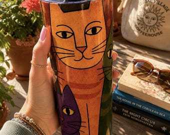 Global Village Coffeehouse Decor, GVC, Retro Cats Tumbler 20oz | Colorful Cat Illustration Drink Tumbler