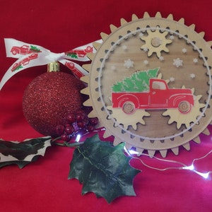 Christmas coaster, Red Truck with Christmas Tree, gift,  Fidget toy, Glowforge, SVG, digital file