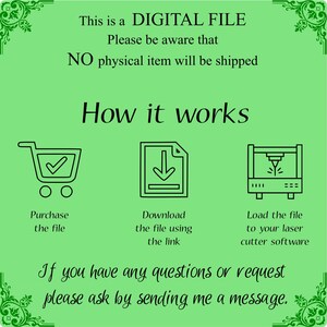 Pode incluir: Um gr&aacute;fico verde e branco com o texto "Este &eacute; um ARQUIVO DIGITAL. Por favor, esteja ciente de que NENHUM item f&iacute;sico ser&aacute; enviado. Como funciona." Tr&ecirc;s &iacute;cones representam as etapas para baixar e usar o arquivo digital: um carrinho de compras, um &iacute;cone de download e uma cortadora a laser.