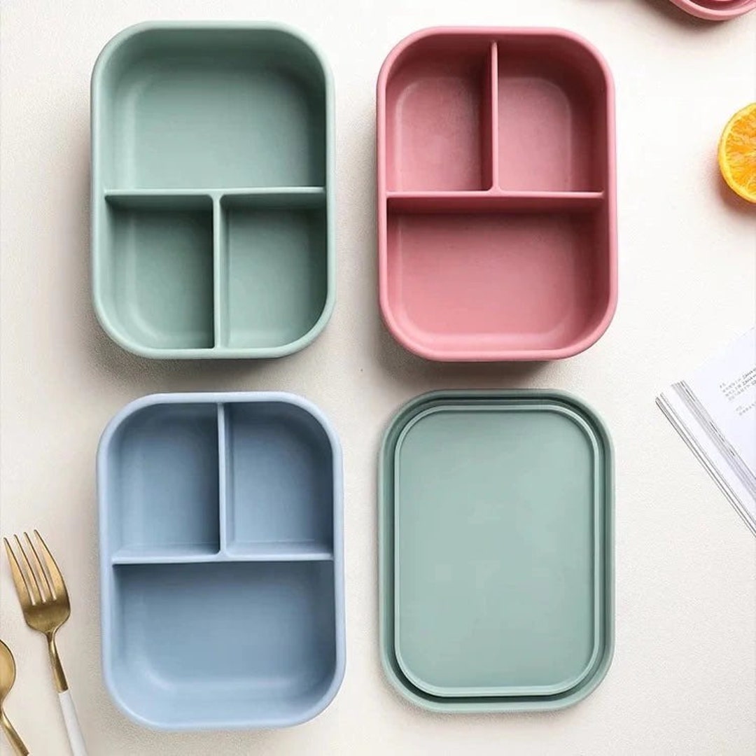 custom hot selling Food Grade silicone lunch box Portable Kids Bento Box  Silicone Food Storage Container with 3 Compartment