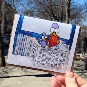AC Al Fresco-Muttertag-handgefertigte Grußkarte/NYC/Hand-illustriert/Johnnerzeichnungen/Originalkunst/Aquarell/TAUBEN/Mütter/Familienessen/launisch