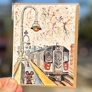 A Morning Commute -Carte de voeux Carte de New York/Art de la ville de New York/Illustration à la main/Carte vierge/ Illustration de New York/Cadeau New York/Art du métro