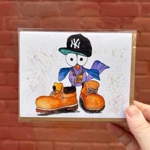 Yankee Pigeon in Timbs-wenskaart/Yankees/MLB/NYC PIGEON/timbs/the bronx/fun art/nyc art/hand geïllustreerd/johnnerdraws/nyc art/grillig
