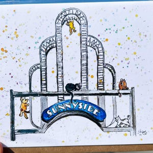 Carte de voeux pour gymnastes Sunnyside-fait main/chats de sauvetage/aquarelle/art de New York/iconique/histoire/Johnnerdraws/scène de New York/amusant/fantaisiste/original