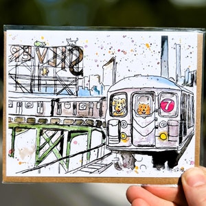 De 7 trein Pawty- Handgemaakte wenskaart New York Card/New York City Art/handillustratie/blanco kaart/ New York Illustratie/Subway Art