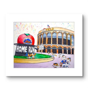May include: A watercolor painting of a baseball stadium with a giant apple and a baseball cap that says "Home Run". There are cartoon mice and mascots in front of the stadium.