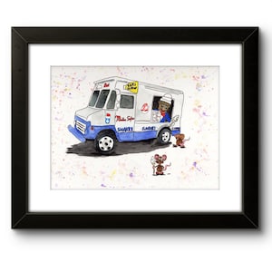 Puede incluir: Una pintura de acuarela de un camión de helados con una persona dentro. El camión es azul y blanco con las palabras "Shakes", "Slushies" y "Cones" escritas en el lateral. Hay dos ratones delante del camión, uno sosteniendo un cono de helado.