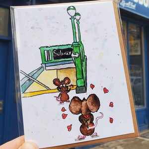 ¡Encuéntrame en mi parada! - Tarjeta de felicitación / Hecha a mano / Romance / Amor / Arte de Nueva York / Ratas / Caprichosa / Divertida / Linda / Ilustrada a mano / Original / Ciudad de Nueva York / Brooklyn / Queens / NY