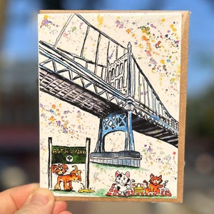RFK Bridge Picnic-Astoria- Tarjeta de felicitación Arte de Queens/Arte de la ciudad de Nueva York/Ilustración a mano/Tarjeta en blanco/Ilustración de Nueva York/Regalo de Nueva York