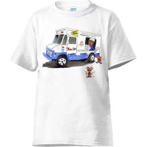 Puede incluir: Camiseta blanca con una ilustración en acuarela de un camión de helados. El diseño incluye el texto "Mista Sips", "Shakes, Slushies, Cones", un personaje de dibujos animados y dos ratones.