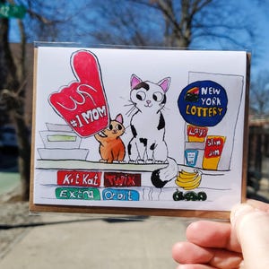 Carte faite main pour la fête des mères du chat Bodega/New York/Illustrée à la main/Johnnerdraws/Originalart/Aquarelle/PIGEONS/Moms/Bodegacats/NYC