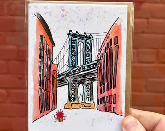 May include: A watercolor painting of a red and blue bridge with buildings on either side. A small red figure with a crown is walking towards the bridge.