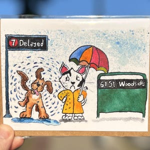 7 Train Troubles-Carte de voeux/New York Card/New York City Art/Illustration à la main/Carte vierge/Illustration New York/Cadeau New York