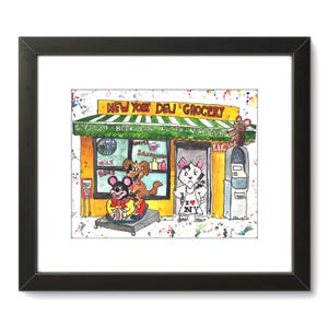NYC Bodega Watercolor Painting: Whimsical City Scene with Rescue Pets