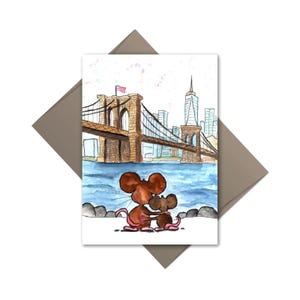 Brooklyn-Cheddar Together in DUMBO-handgemaakte wenskaart/NYC/met de hand geïllustreerd/Johnnerdraws/Originalart/aquarel/DUIVENS/Vaders/Vaderdag