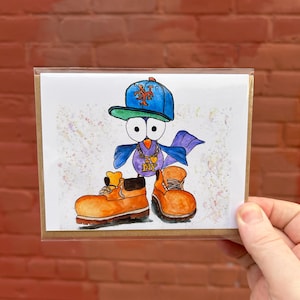 Paloma de los Mets en Timbs Tarjeta de felicitación/arte original/johnnerdraws/MLB/los mets/timbs/paloma de Nueva York/graciosa/caprichosa/ilustrada a mano/ilovenyc