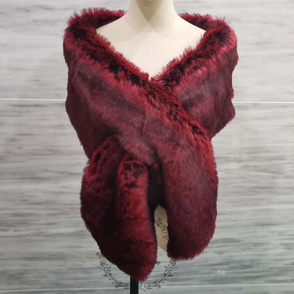 Wine Red Fur Shawl, Bridesmaid Fur Shawl Wrap, Winter Wedding Faux Fur Shawl, Women Evening Party Fur Shrug, Bridal Fur Shawl