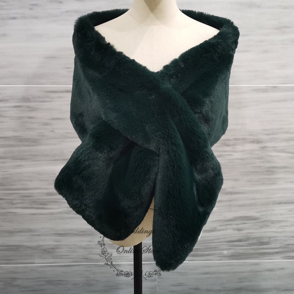 Green Fur Shawl, Bridesmaid Fur Shawl Wrap, Winter Wedding Faux Fur Shawl, Women Evening Party Fur Shrug, Bridal Fur Shawl, Queen Shawl