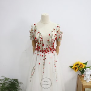 White Tulle Prom Dress, 3D Red Floral Party Gown, Green Beaded Bridal Gown, Deep V Neck Evening Dress, Fairy off Shoulder Graduation Dress