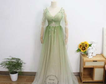 Groene feestjurk met lange mouwen, feestjurk met lange mouwen, feestjurk met 3D-bloemen, glinsterende tule afstudeerjurk, v-hals bruidsjurk, avondjurk met kralen
