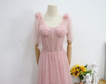 Rosa Ärmelloses Abschlussball Kleid, Glänzender Stern Abendkleid, Corsage Kleid, Sweetheart Neck Brautkleid, Langes Tüll Fairy Abschlusskleid