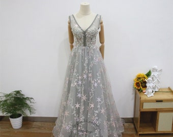 Gray Star Lace Prom Dress, Floor Length Evening Dress, Flower Lace Party Gown, Deep V Tulle Dress, Sleeveless Bridesmaids Gown, Star Gown