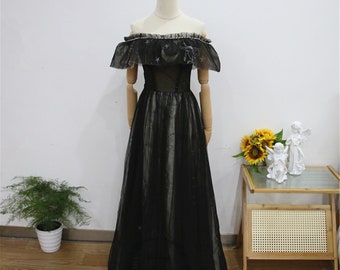 Schwarzes Tüll Rüschen Top Kleid, Stern und Mond Party Kleid, Kurzarm Abendkleid, Off Shoulder Abschlusskleid, Formale Spitze Brautkleid